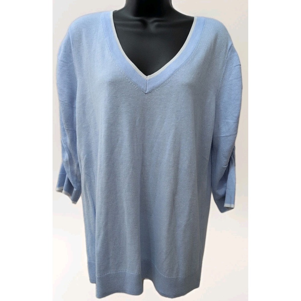 J. Jill‎ V Neck Sweater Size Medium Gathered Sleeve Cotton Blend Soft Blue NWT